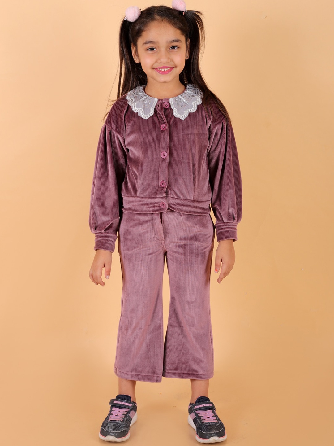 

Stuffie Land Girls Shawl Collar Shirt With Trousers, Purple
