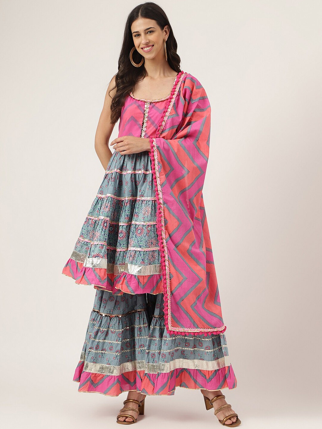 

KALINI Floral Printed Shoulder Straps Gotta Patti Pure Cotton Kurta With Sharara & Dupatta, Turquoise blue