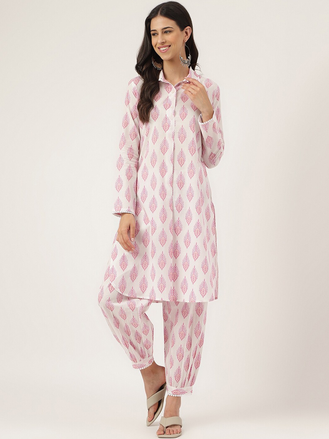 

KALINI Floral Printed Shirt Collar Pure Cotton Kurta with Harem Pants, White