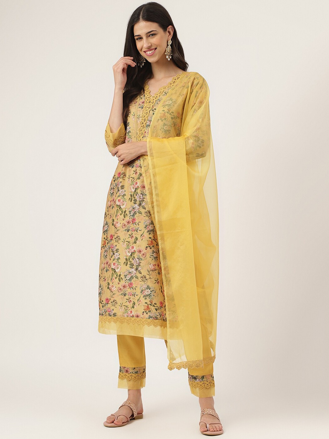 

KALINI Floral Printed Straight Kurta with Trousers & With Dupatta, Mustard