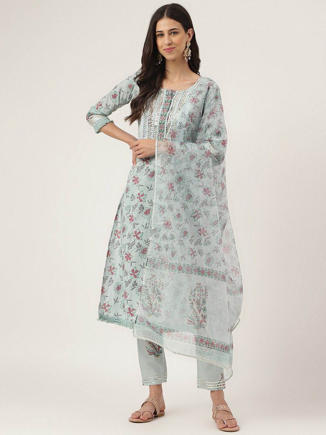 

KALINI Floral Printed Pure Cotton Straight Kurta & Trousers With Dupatta, Grey