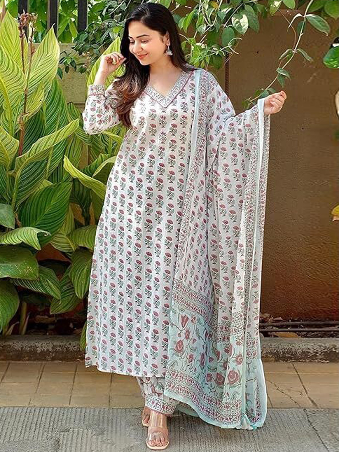 

KALINI Floral Printed V-Neck Sequinned Pure Cotton Kurta With Patiala & Dupatta, White
