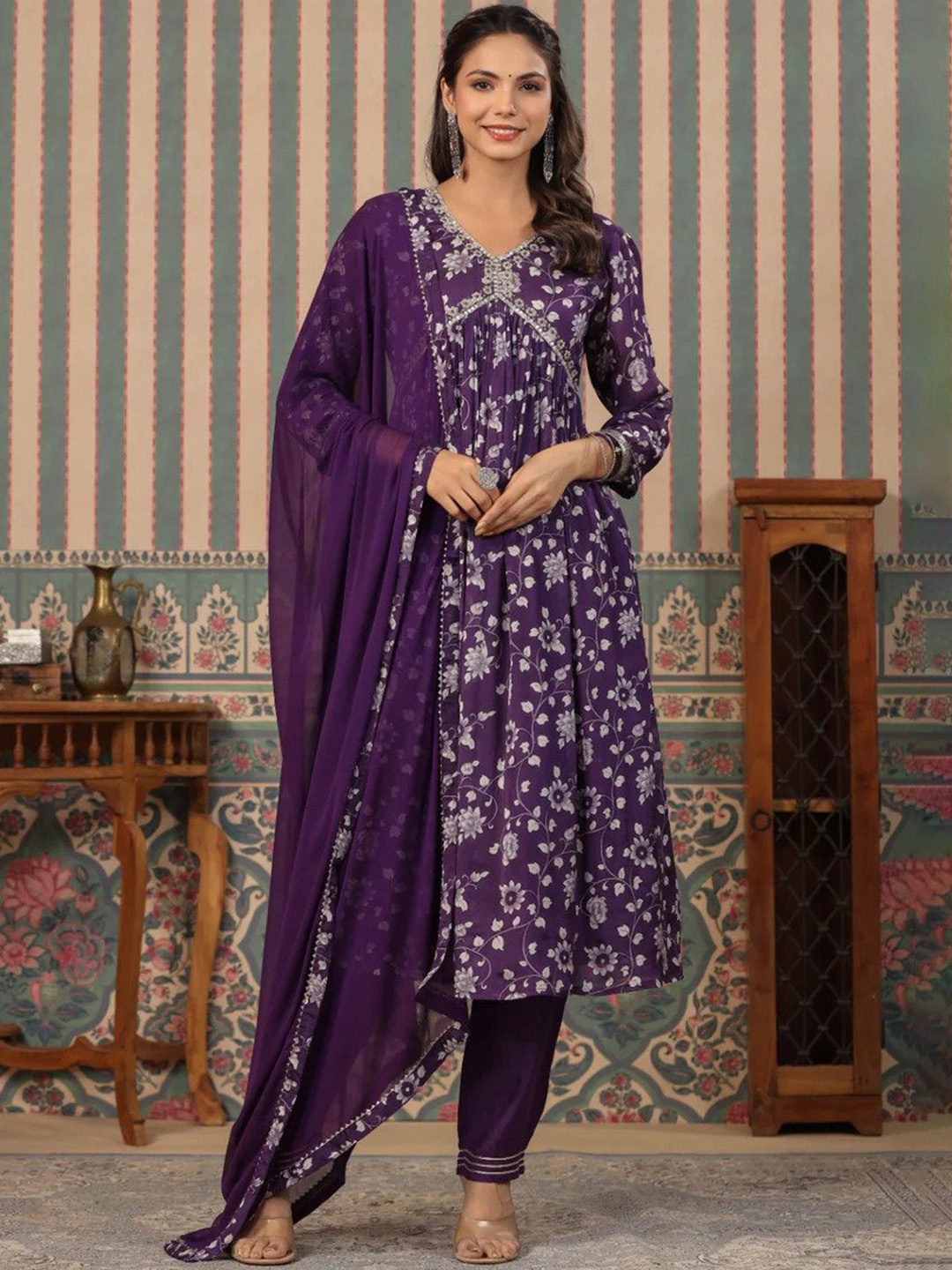 

KALINI Floral Printed Beads & Stones Detailed A-Line Kurta & Trouser With Dupatta, Purple