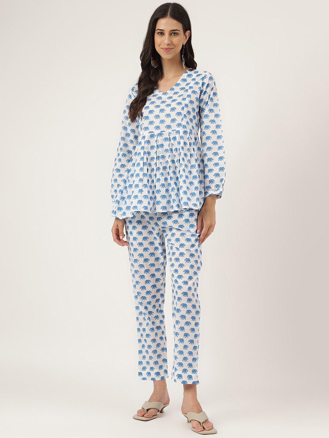 

KALINI Printed V-Neck Pure Cotton Co-Ord, White