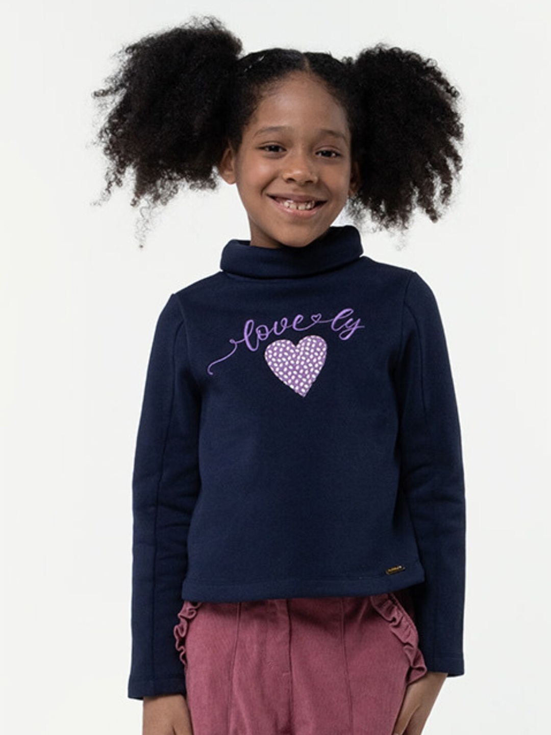 

One Friday Girls Graphic Printed Cotton Mock Collar Pullover Sweatshirt, Navy blue