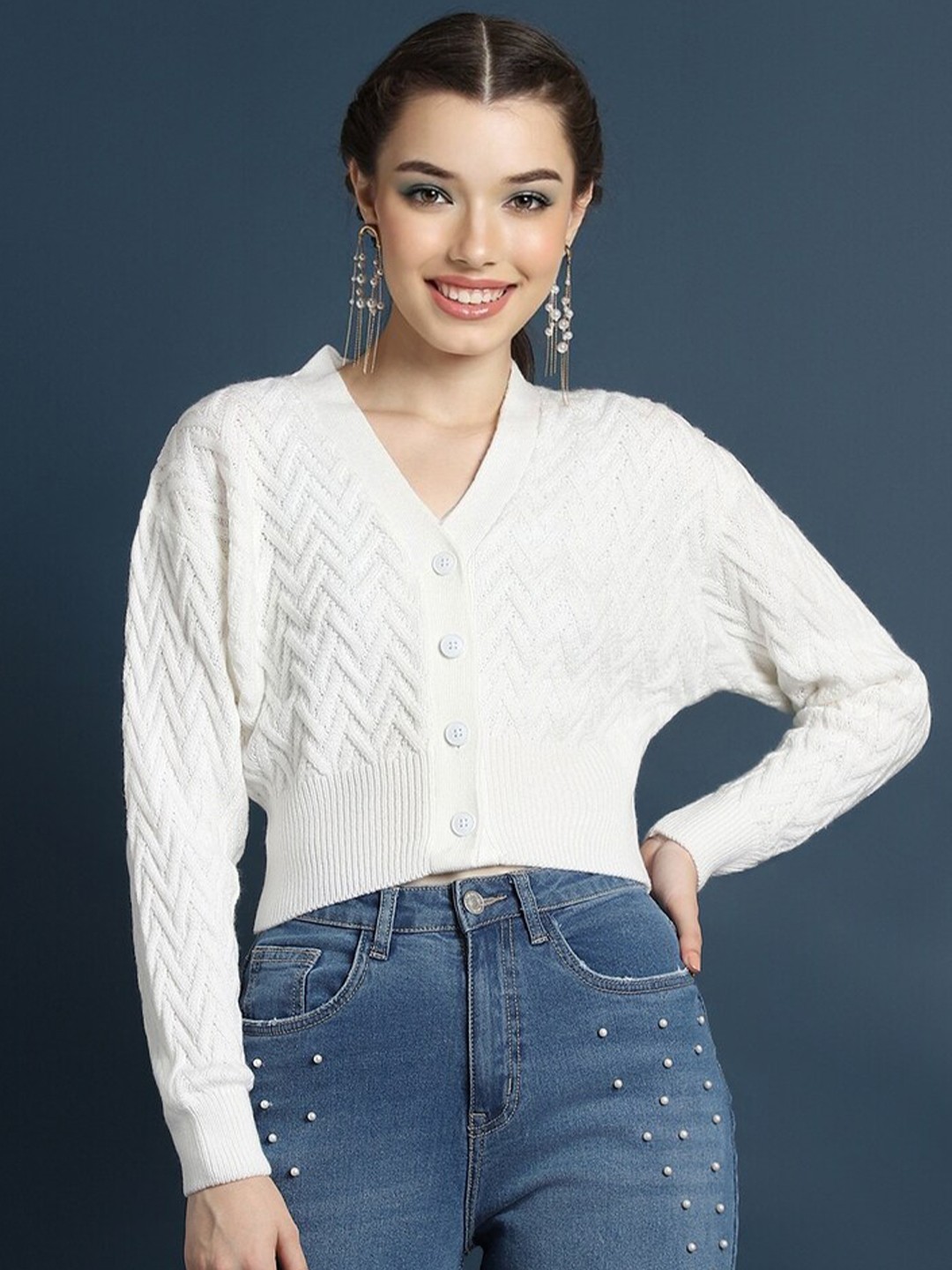 

FOREVER 21 Cable Knit Crop Acrylic Cardigan Sweater, White