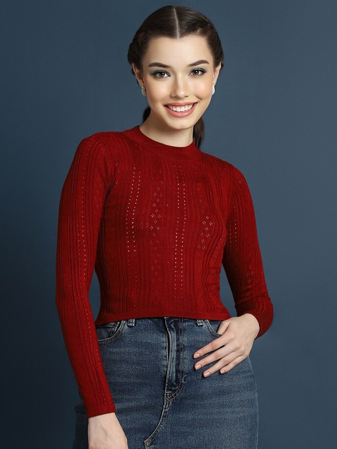 

FOREVER 21 Open Knit Acrylic Crop Pullover Sweater, Maroon
