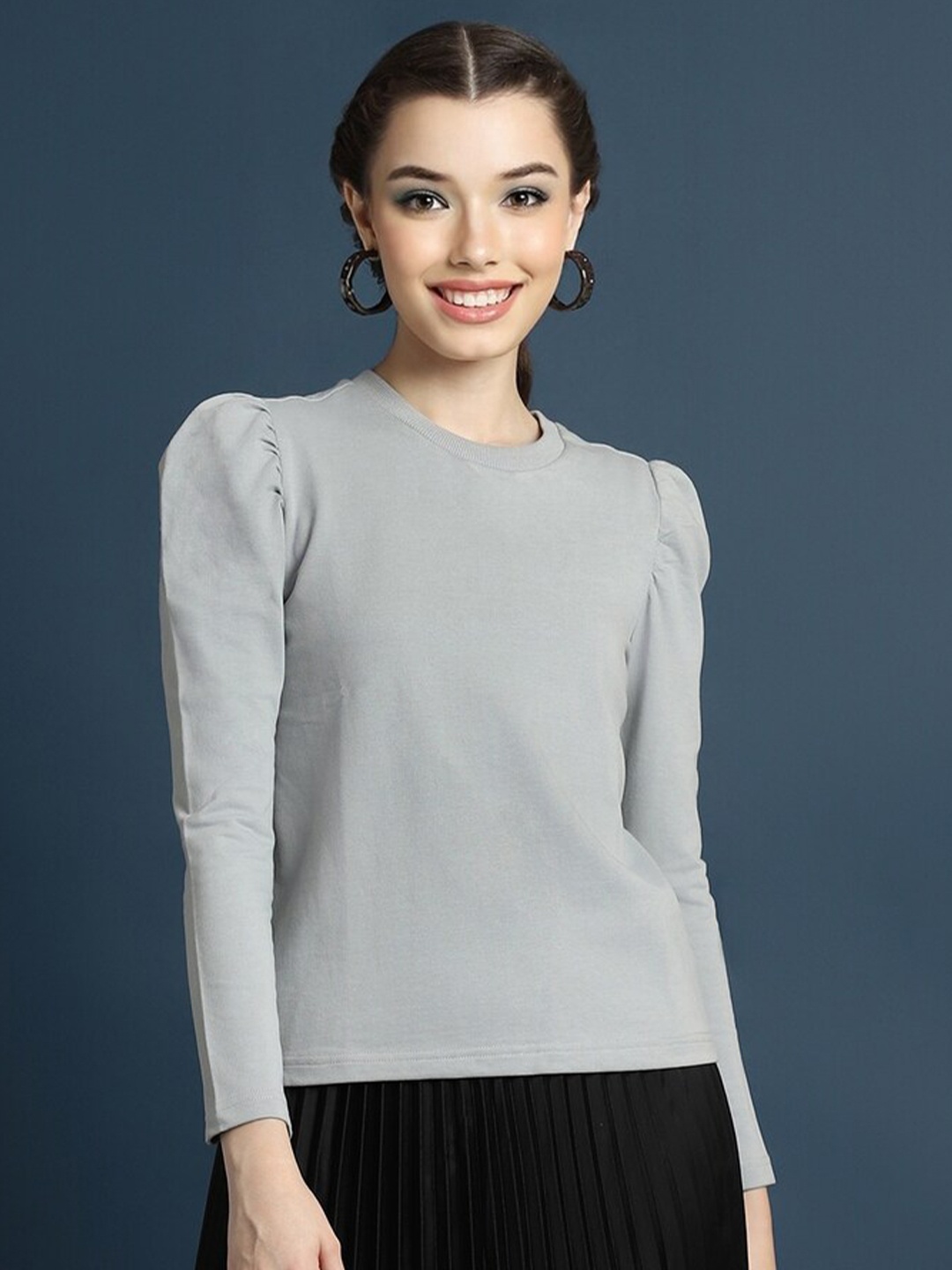 

FOREVER 21 Puff Sleeves Gathered Cotton Regular Top, Grey