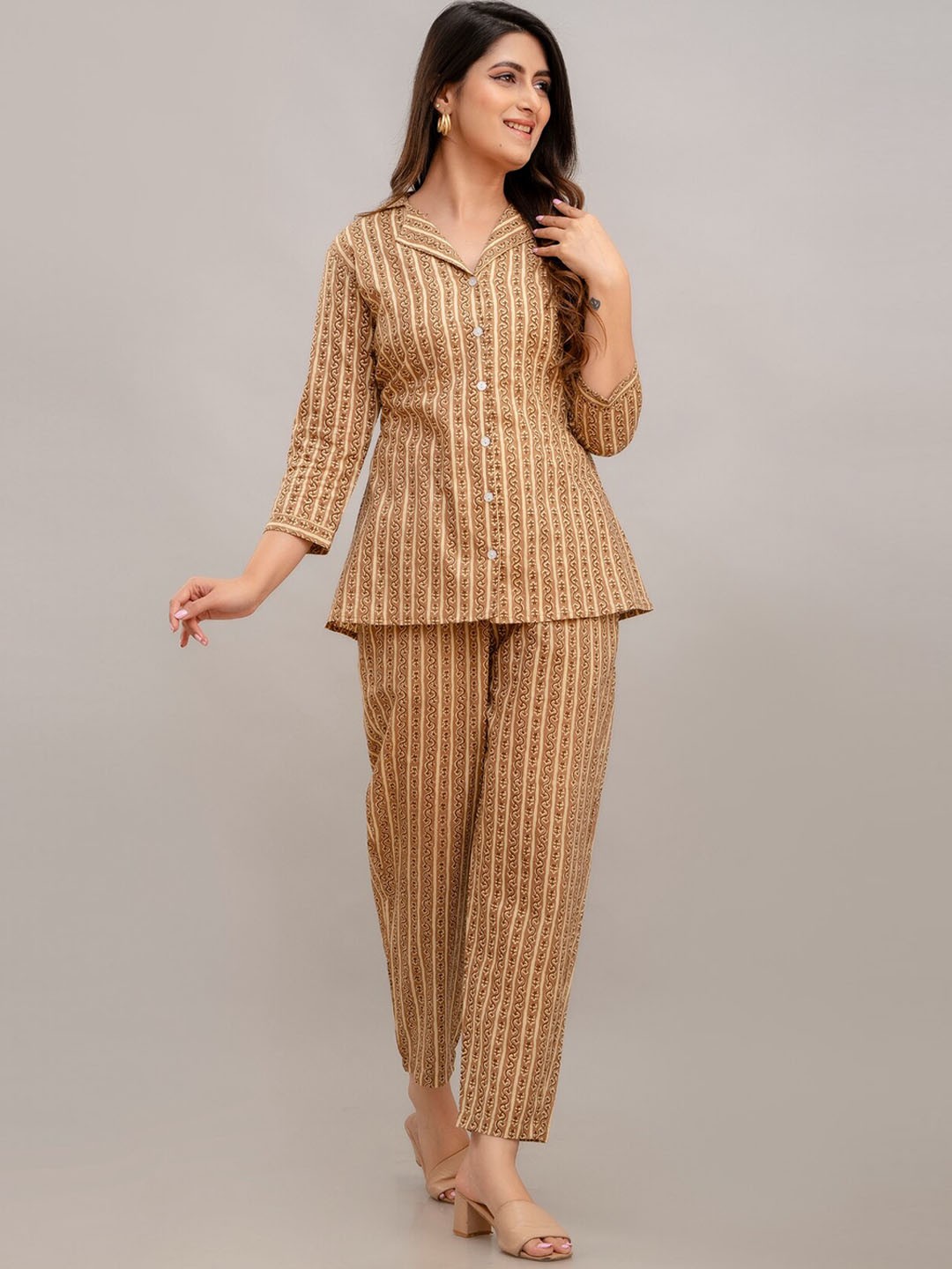 

FrionKandy Printed Pure Cotton Shirt With Trousers Co-Ords, Brown