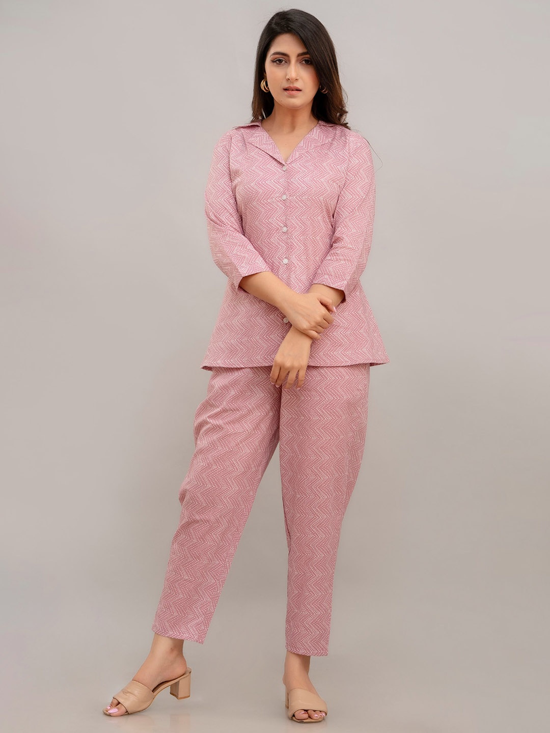 

FrionKandy Printed Pure Cotton Shirt With Trousers Co-Ords, Pink