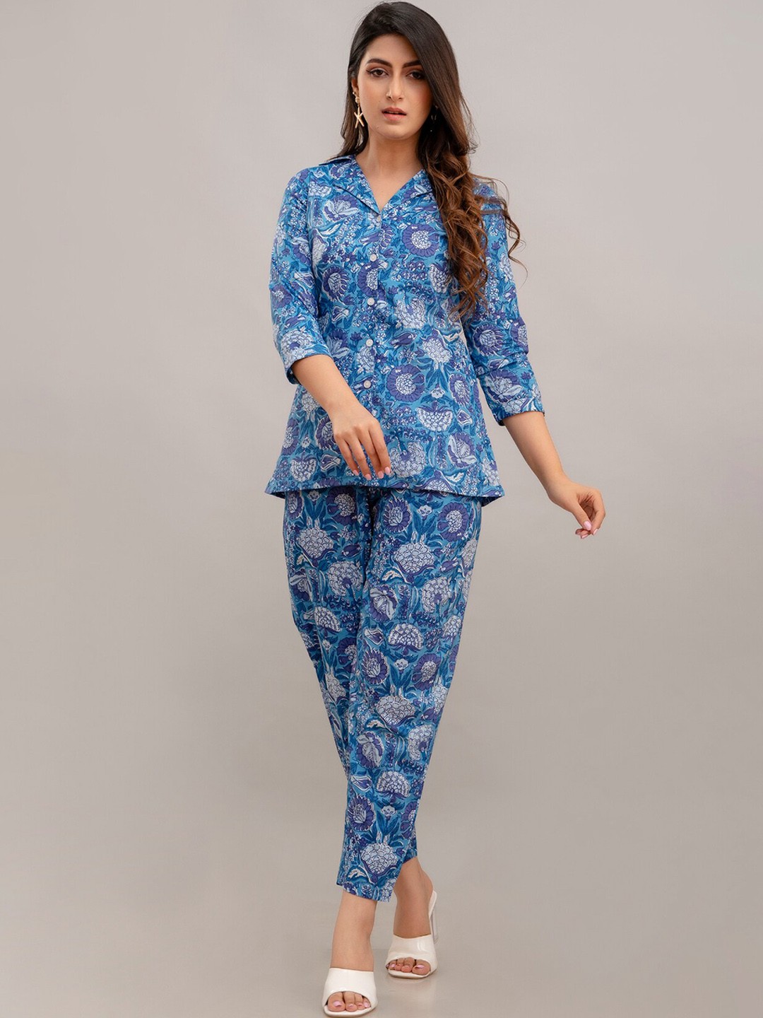 

FrionKandy Printed Pure Cotton Shirt With Trousers Co-Ords, Blue