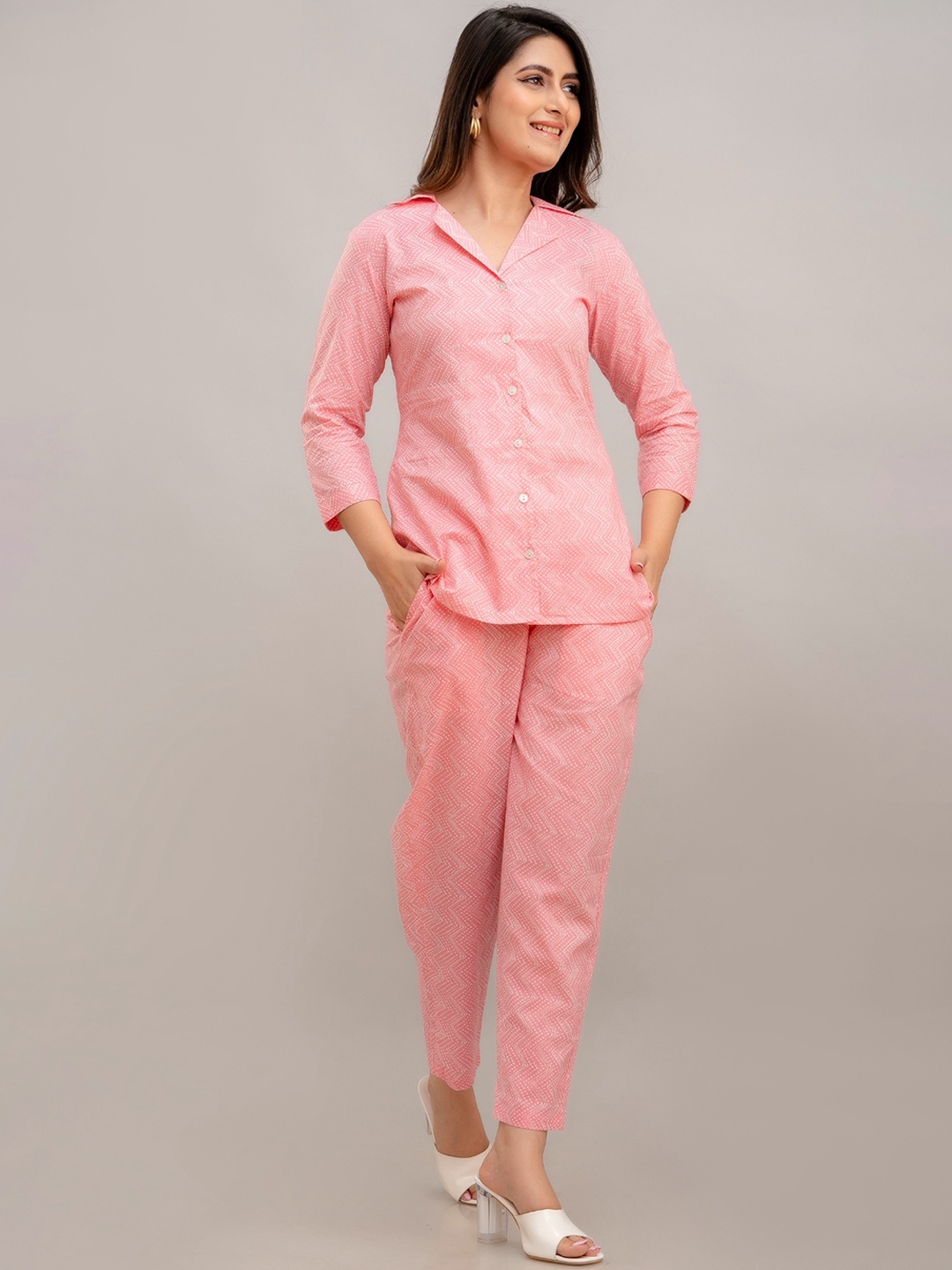 

FrionKandy Printed Pure Cotton Shirt With Trousers Co-Ords, Pink