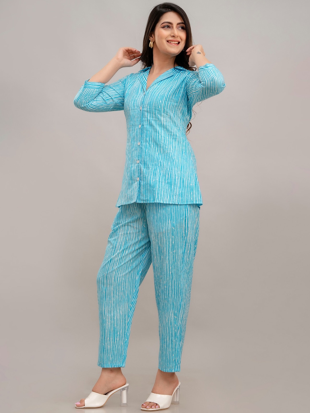 

FrionKandy Striped Pure Cotton Shirt With Trousers Co-Ords, Blue