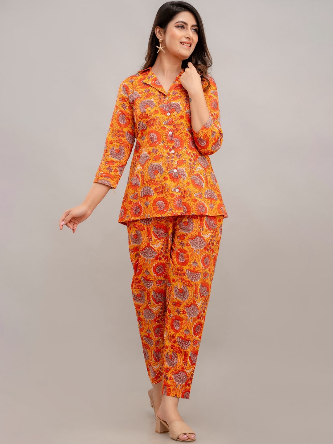 

FrionKandy Printed Pure Cotton Shirt With Trousers Co-Ords, Orange