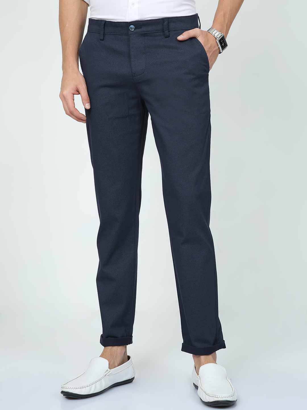 

Classic Polo Men Cotton Classic Plain Flat-Front Slim Fit Trousers, Navy blue