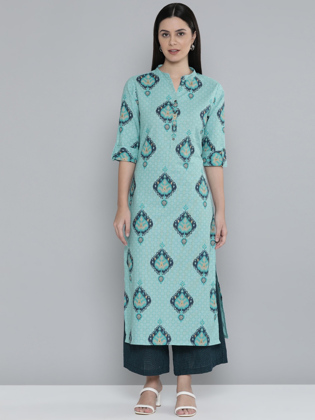 

Vishudh Pure Cotton Ethnic Motifs Printed Kurta with Palazzos, Blue