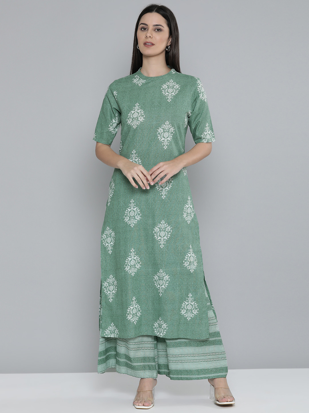 

Vishudh Pure Cotton Ethnic Motifs Printed Kurta with Palazzos, Green