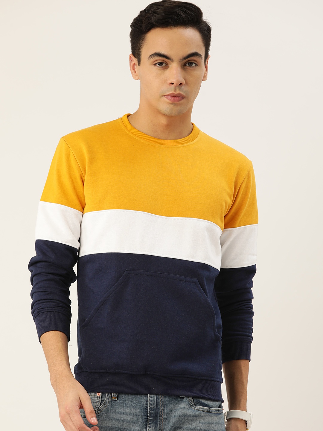 

FERANOID Men Colourblocked Fleece Sweatshirt, Navy blue