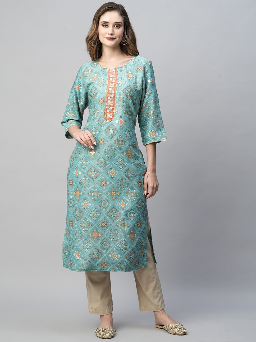 

KALINI Ethnic Motifs Printed Thread Work Straight Kurta, Blue