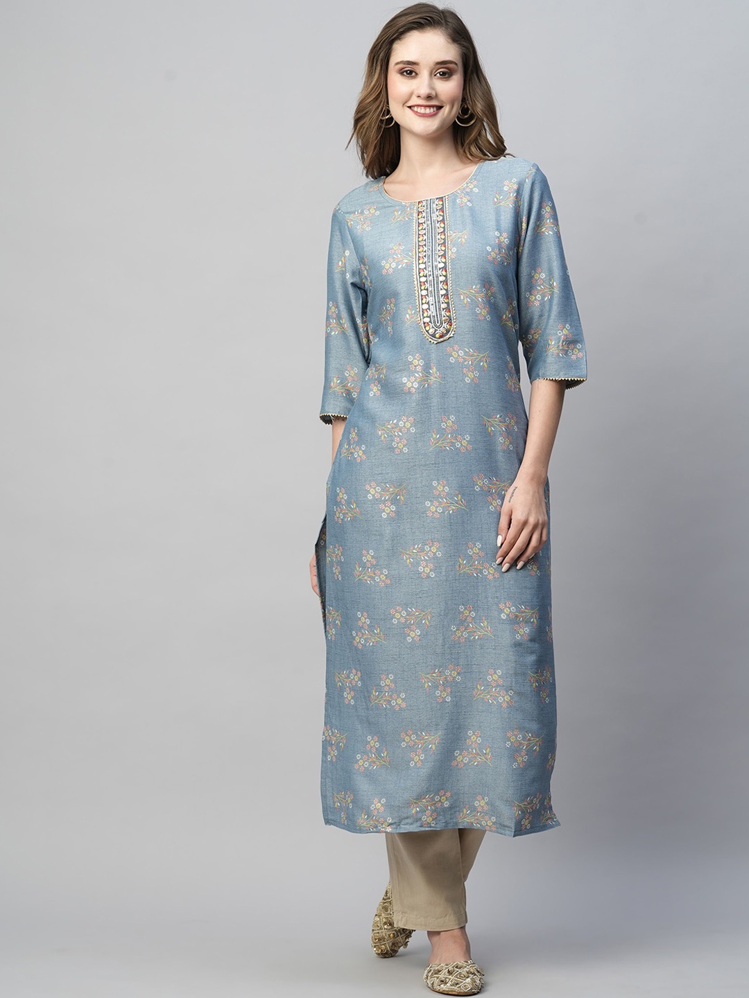 

KALINI Floral Printed Gotta Patti Detailed Straight Kurta, Blue