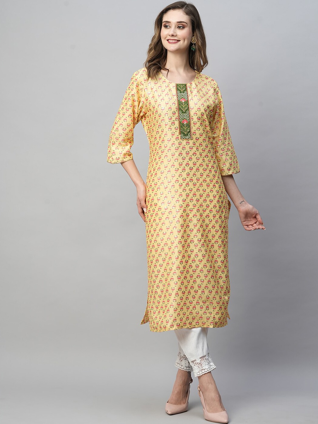 

KALINI Floral Printed Thread Work Straight Kurta, Yellow