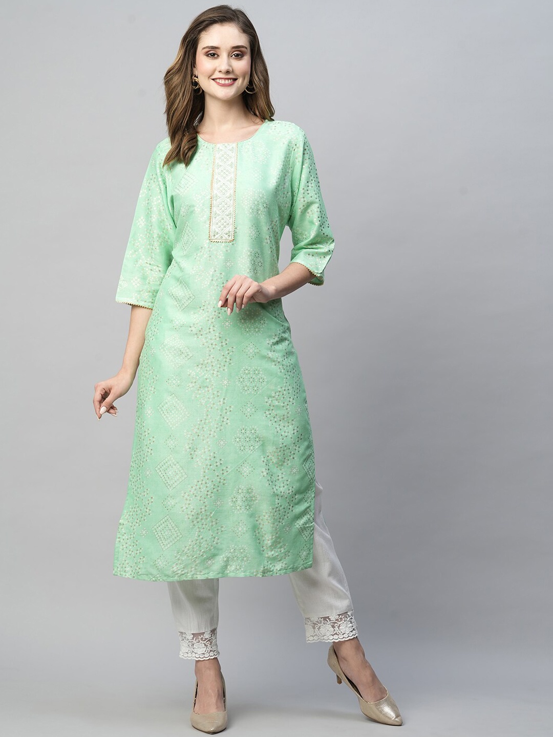 

KALINI Bandhani Printed Thread Work Straight Kurta, Sea green