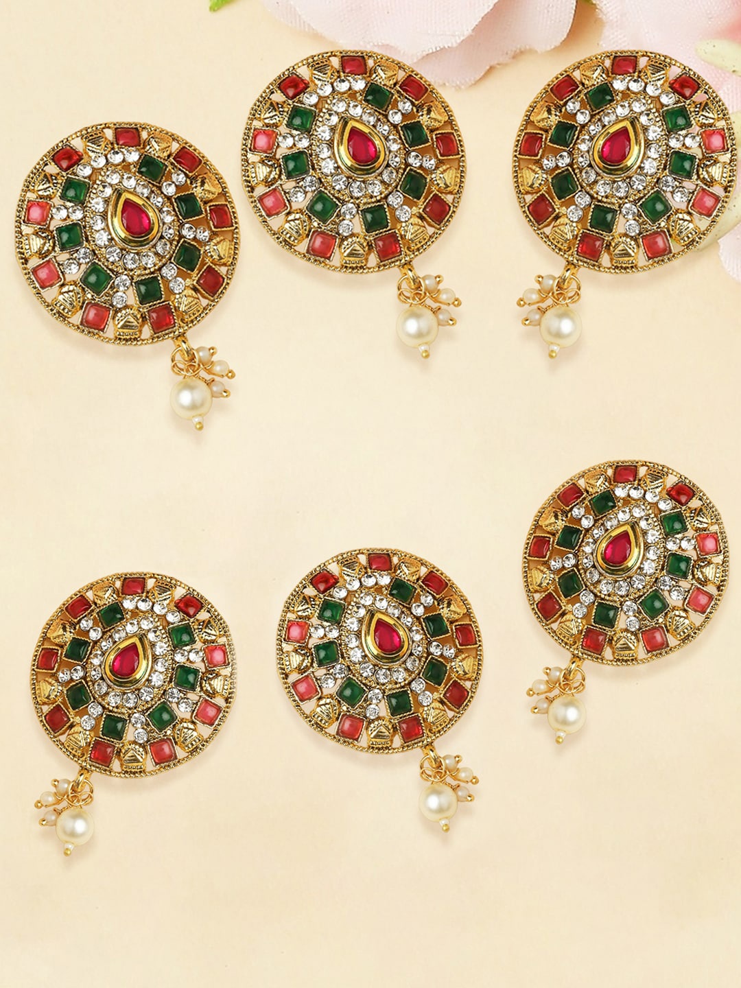 

OOMPH Set Of 6 Gold Plated Stone-Studded Bun Pins, Green