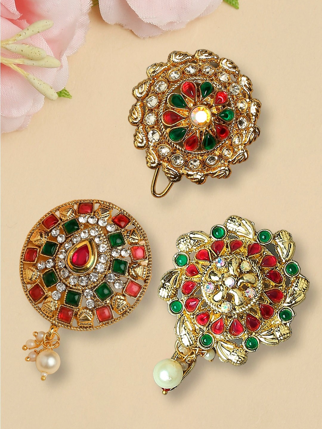 

OOMPH Set Of 3 Gold Plated Stone-Studded Bun Pins, Green