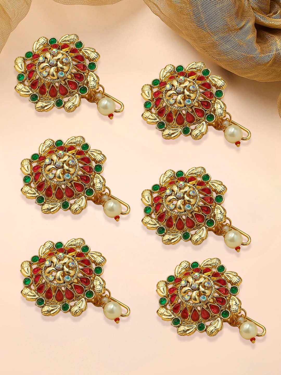 

OOMPH Set Of 6 Stone Studded & Beaded Choti Hair Pins, Green