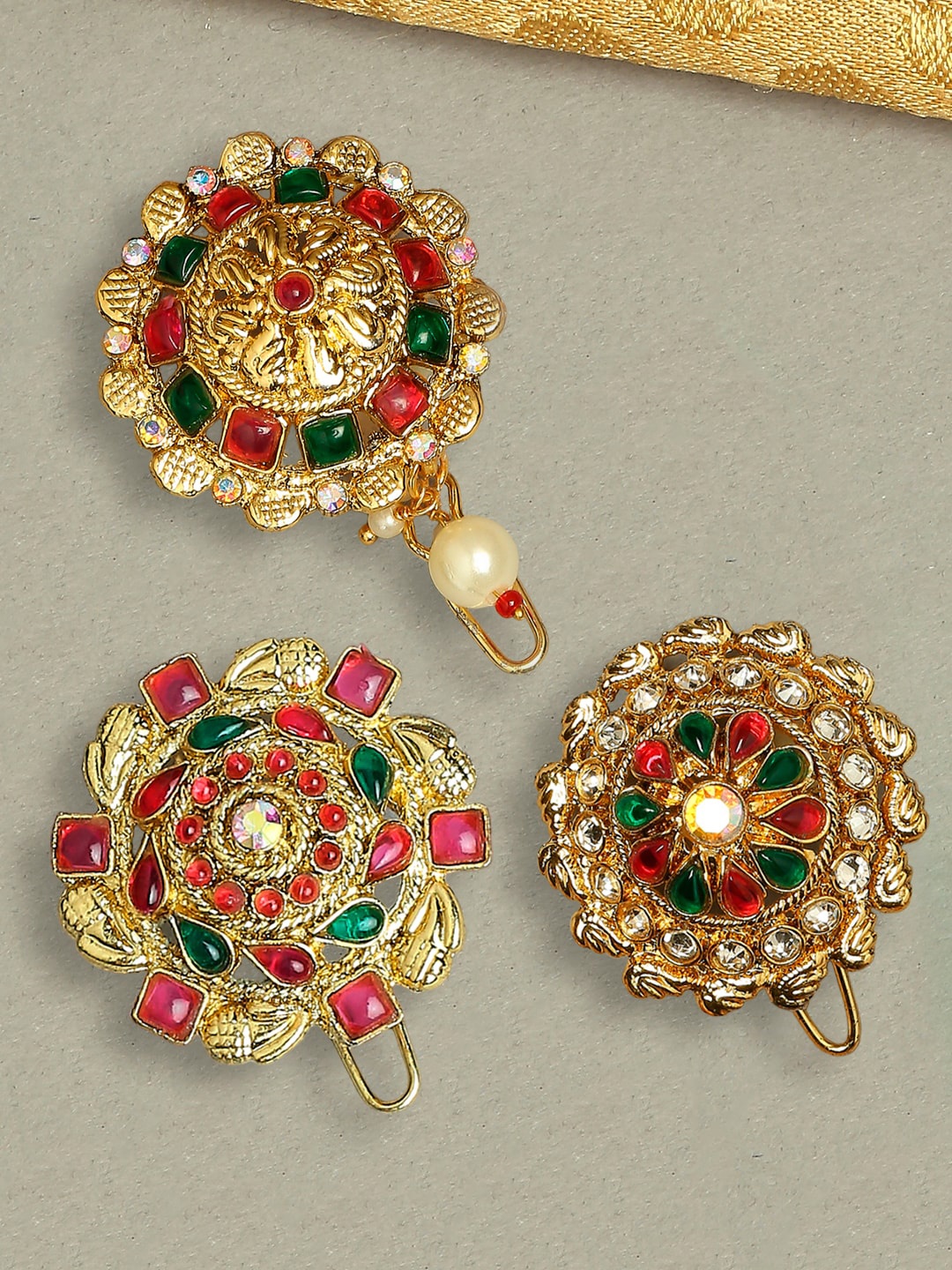 

OOMPH Set Of 3 Stones Studded Floral Bun Pins, Gold