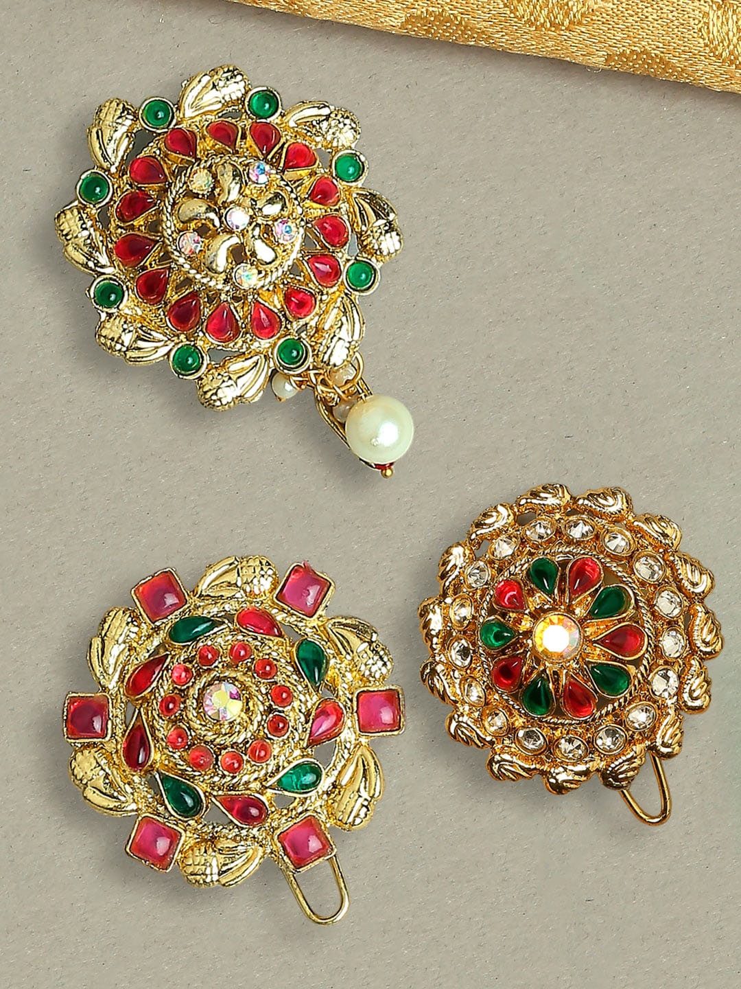 

OOMPH Set of 3 Stone-Studded Bun Pin, Green