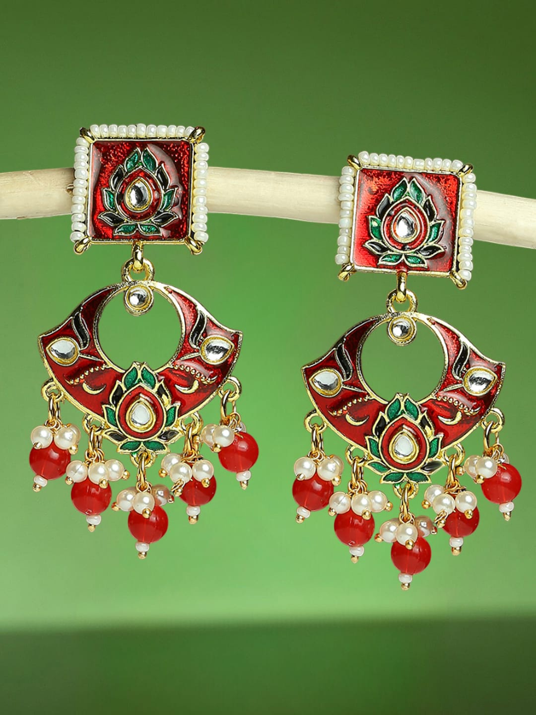 

OOMPH Contemporary Meenakari Kundan Studded Drop Earrings, Red