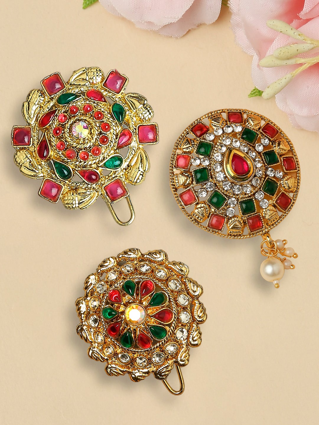 

OOMPH Set of 3 Stone-Studded & Beaded Bun Pin, Gold