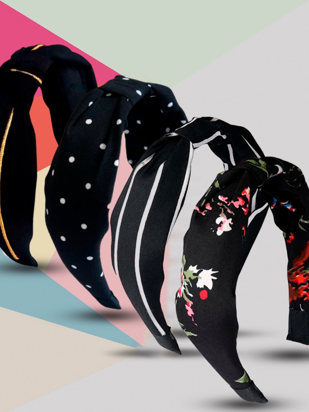 

OOMPH Set of 4 Printed Knotted Hairband, Black