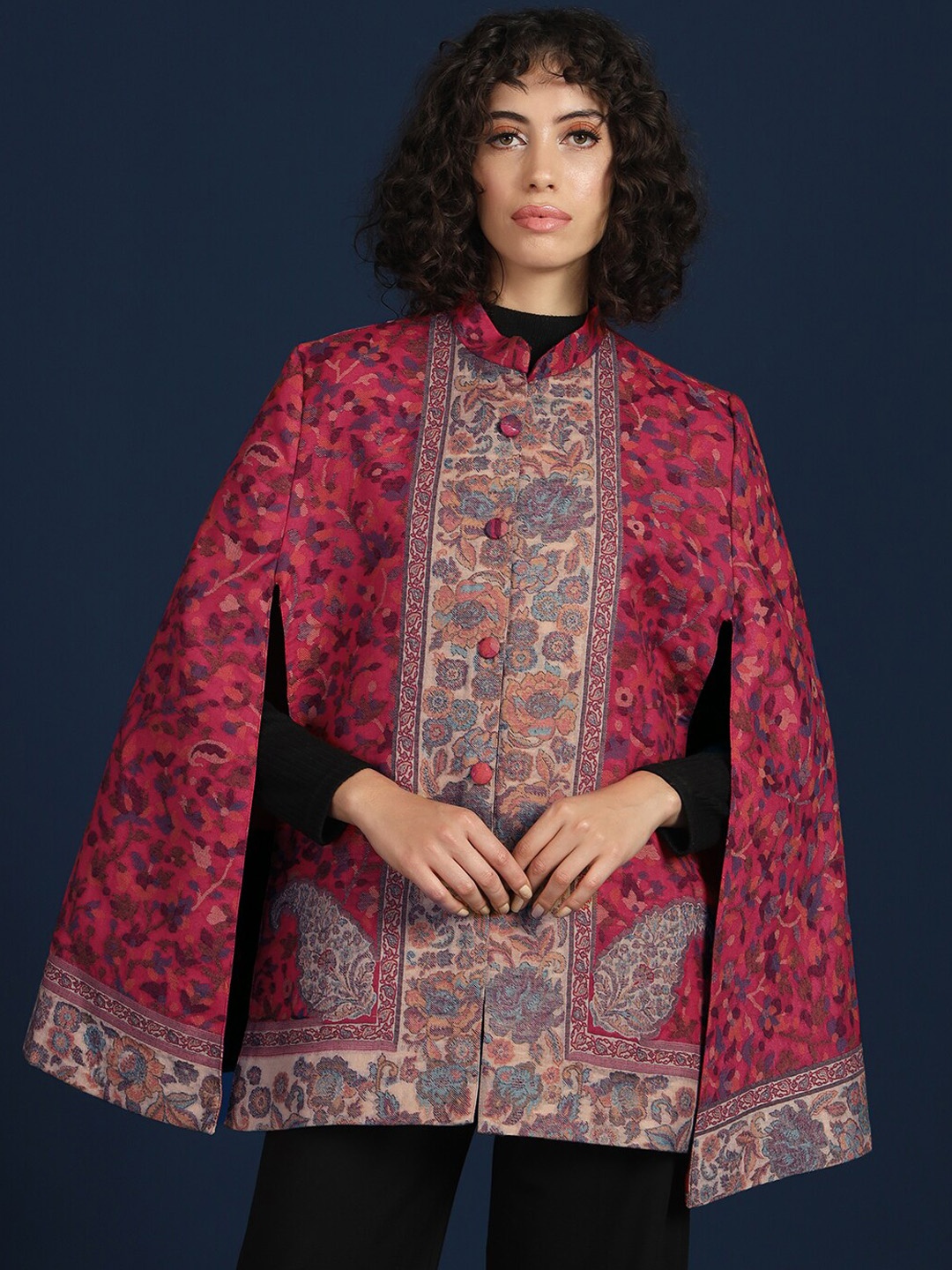 

Zamour Floral Woven Design Royal Jamawar Cape Jacket, Pink
