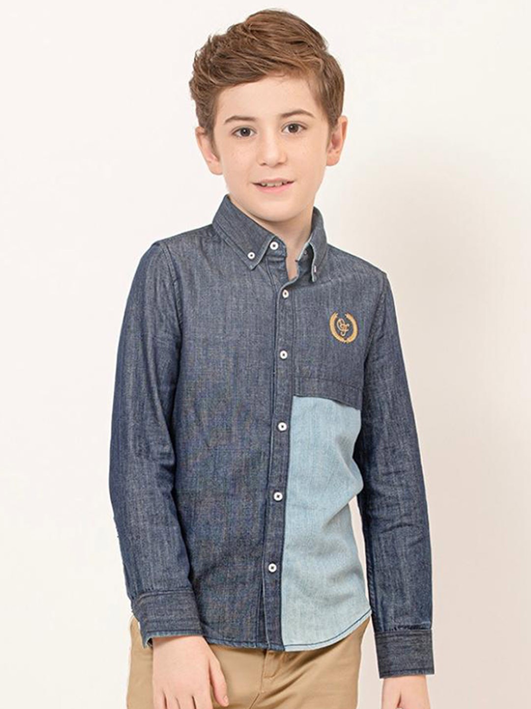 

One Friday Boys Colourblocked Button-Down Collar Cotton Denim Casual Shirt, Blue
