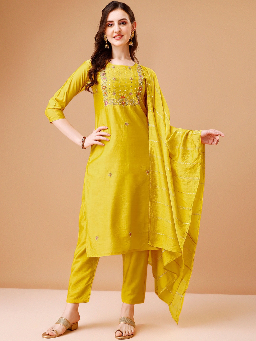 

Berrylicious Yoke Design Thread Work Chanderi Silk Kurta With Trousers & Dupatta, Yellow