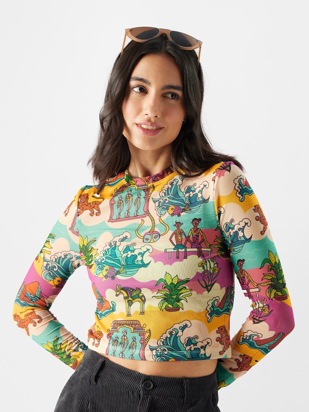 

The Souled Store Ethnic Motif Printed Long Sleeves Crop Top, Yellow
