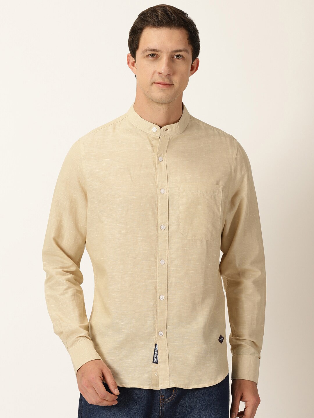 

Provogue Classic Slim Fit Band Collar Long Sleeve Cotton & Linen Casual Shirt, Beige