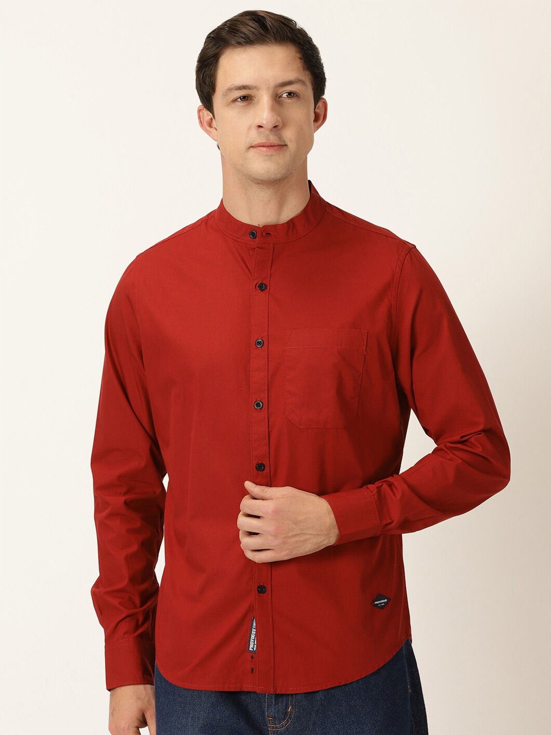 

Provogue Classic Slim Fit Band Collar Cotton Casual Shirt, Maroon