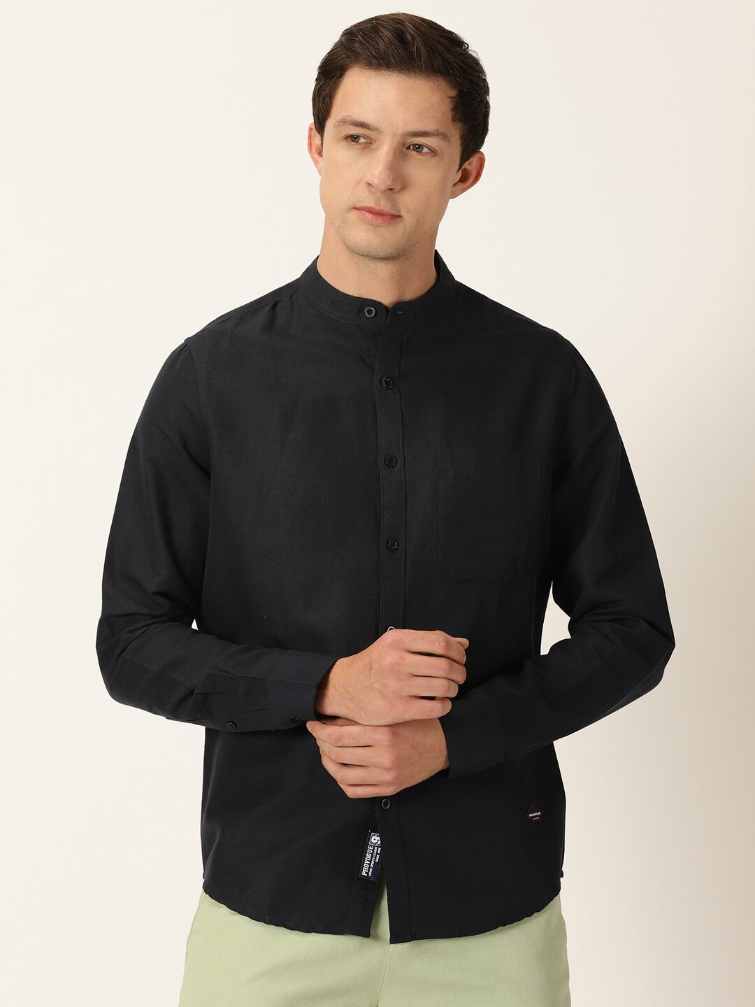 

Provogue Classic Slim Fit Band Collar Long Sleeve Cotton Casual Shirt, Black