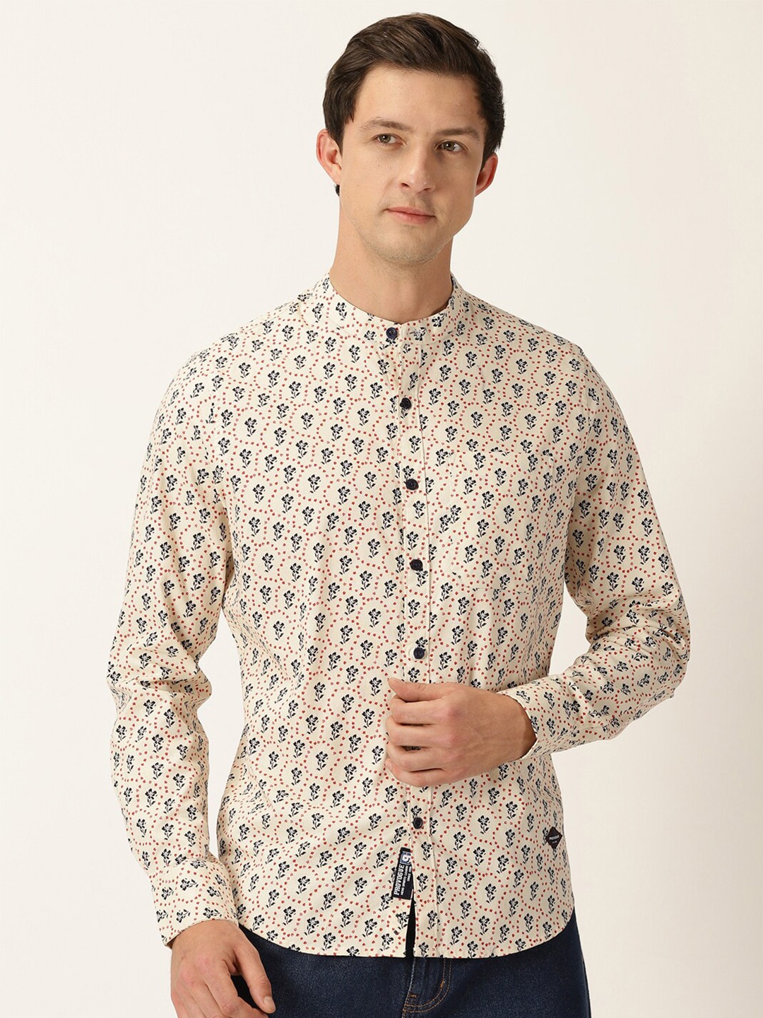

Provogue Classic Slim Fit Floral Printed Band Collar Long Sleeve Cotton Casual Shirt, Cream