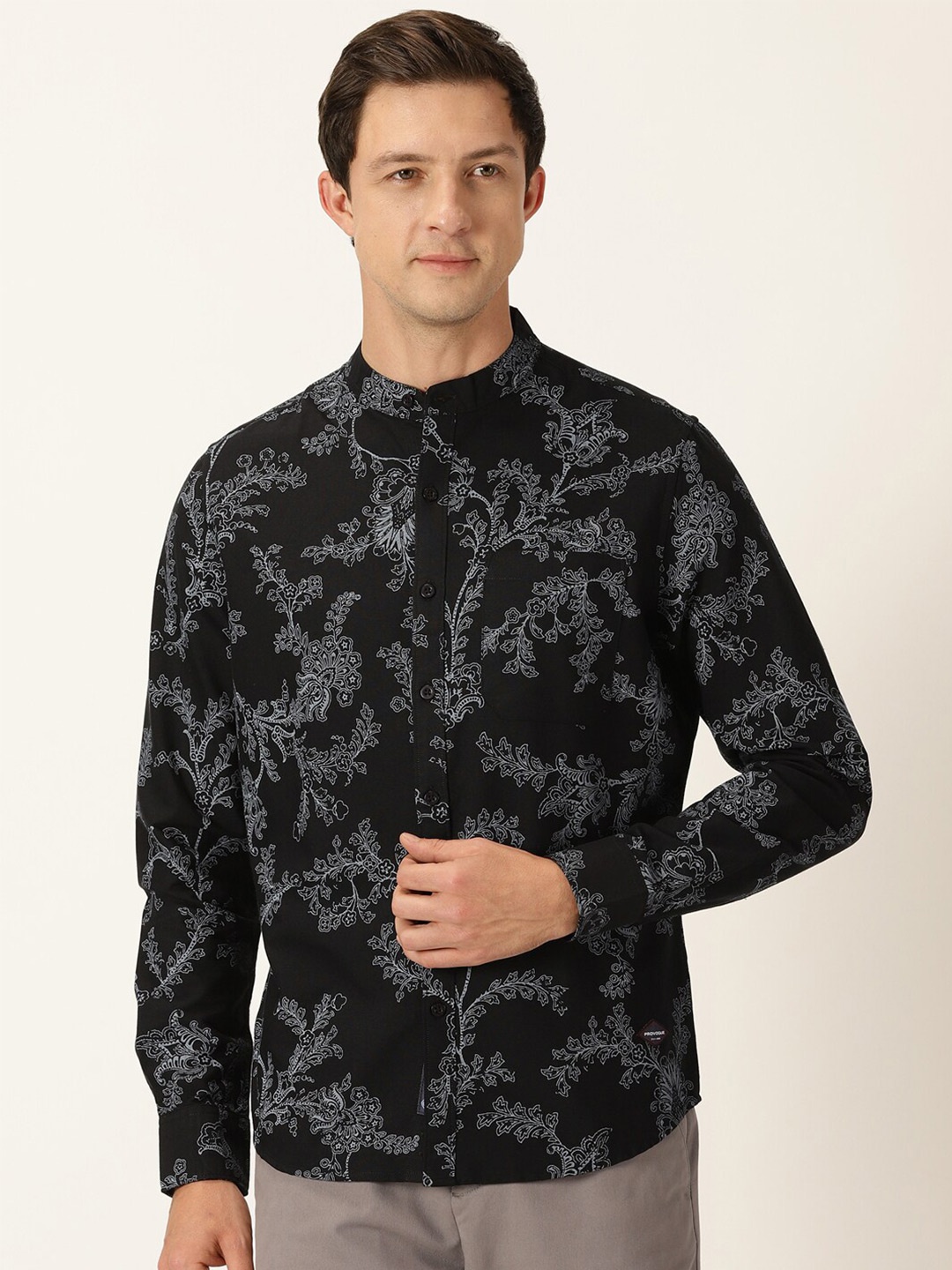 

Provogue Classic Slim Fit Floral Printed Band Collar Long Sleeve Cotton Casual Shirt, Black