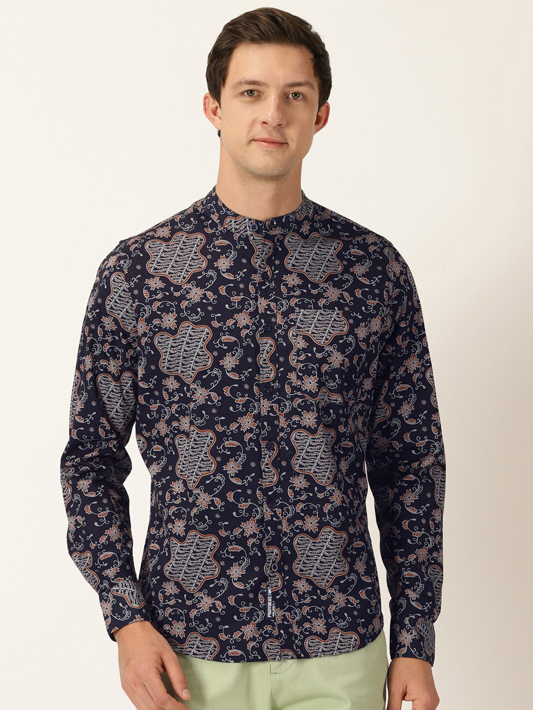 

Provogue Classic Slim Fit Floral Printed Band Collar Long Sleeve Cotton Casual Shirt, Navy blue