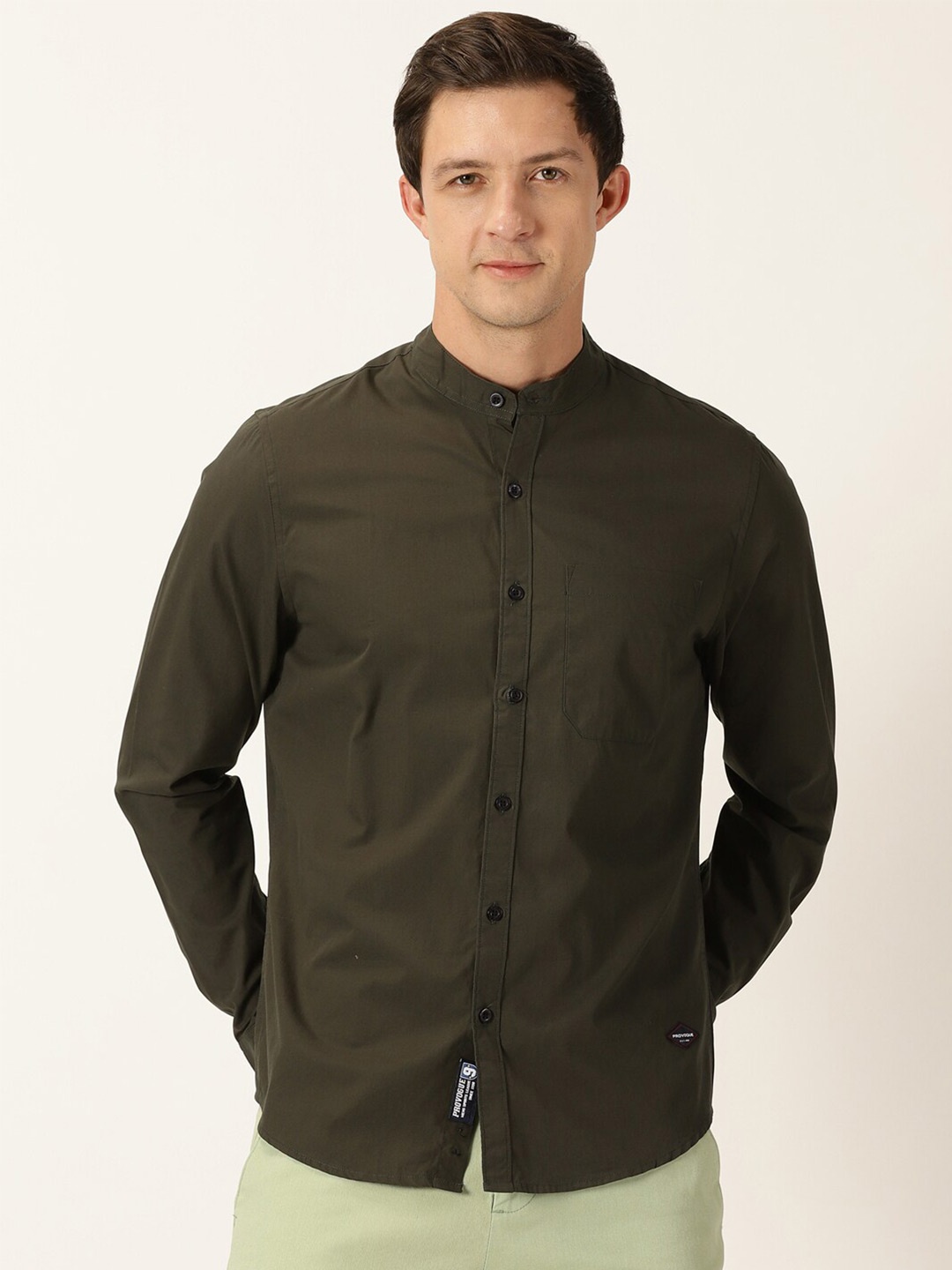 

Provogue Classic Slim Fit Band Collar Cotton Casual Shirt, Olive