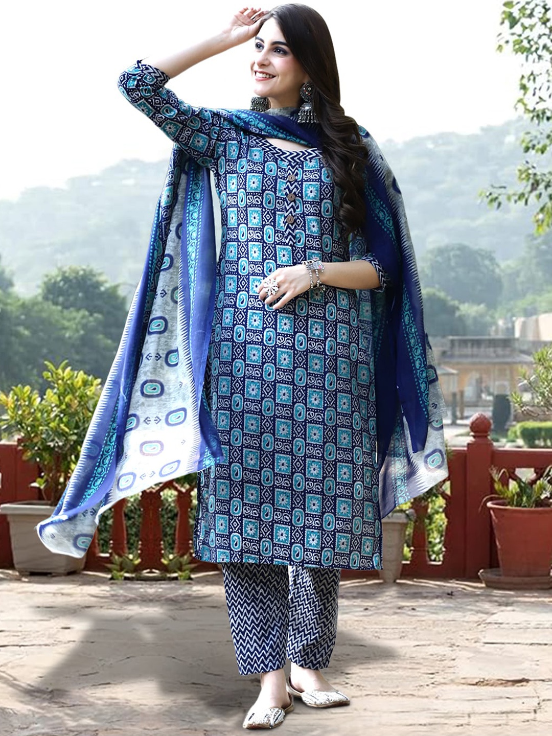 

7Threads Ethnic Motifs Printed Pure Cotton Kurta with Trousers & Dupatta, Blue