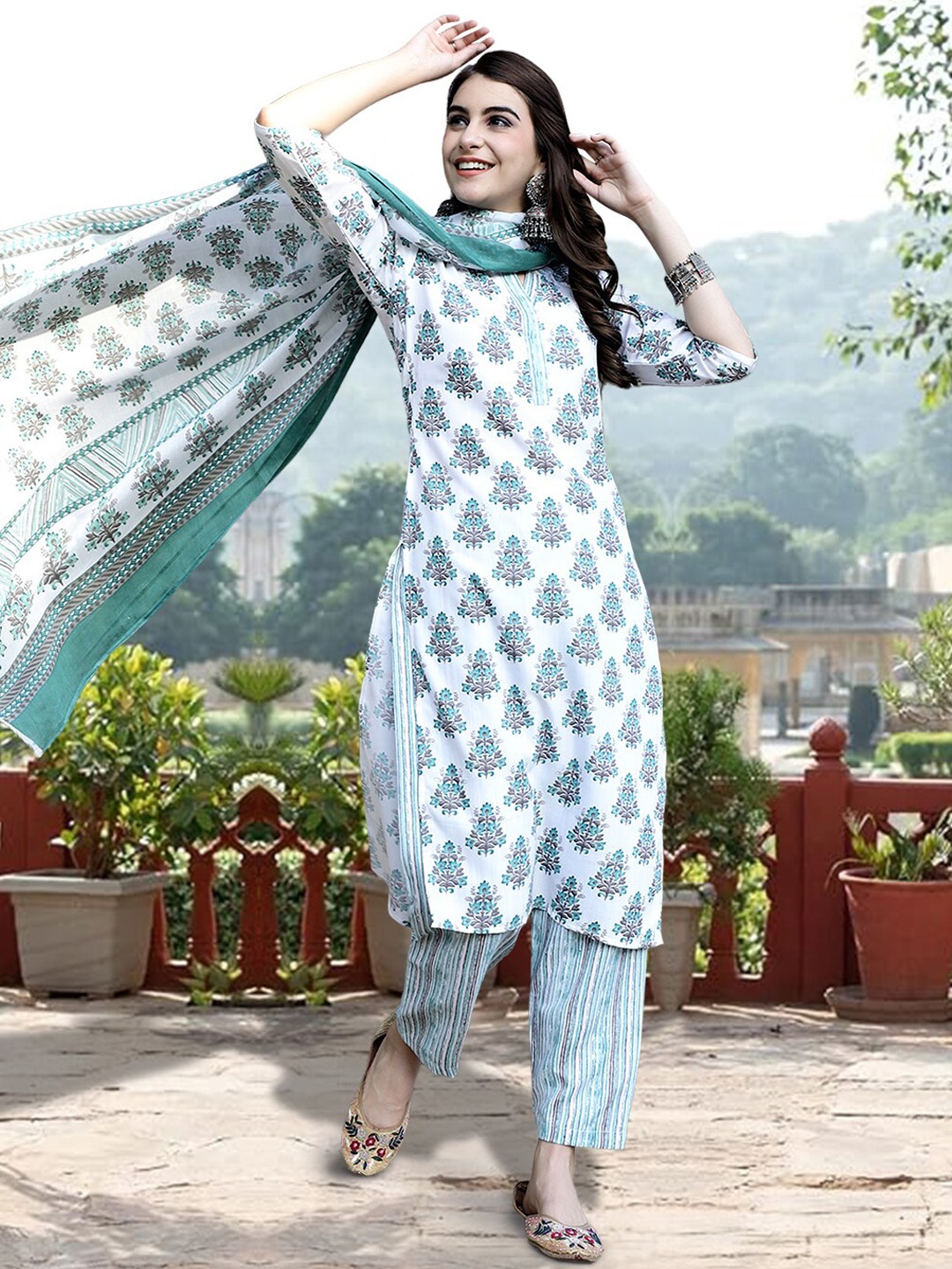 

7Threads Ethnic Motifs Printed Pure Cotton Kurta with Trousers & With Dupatta, White