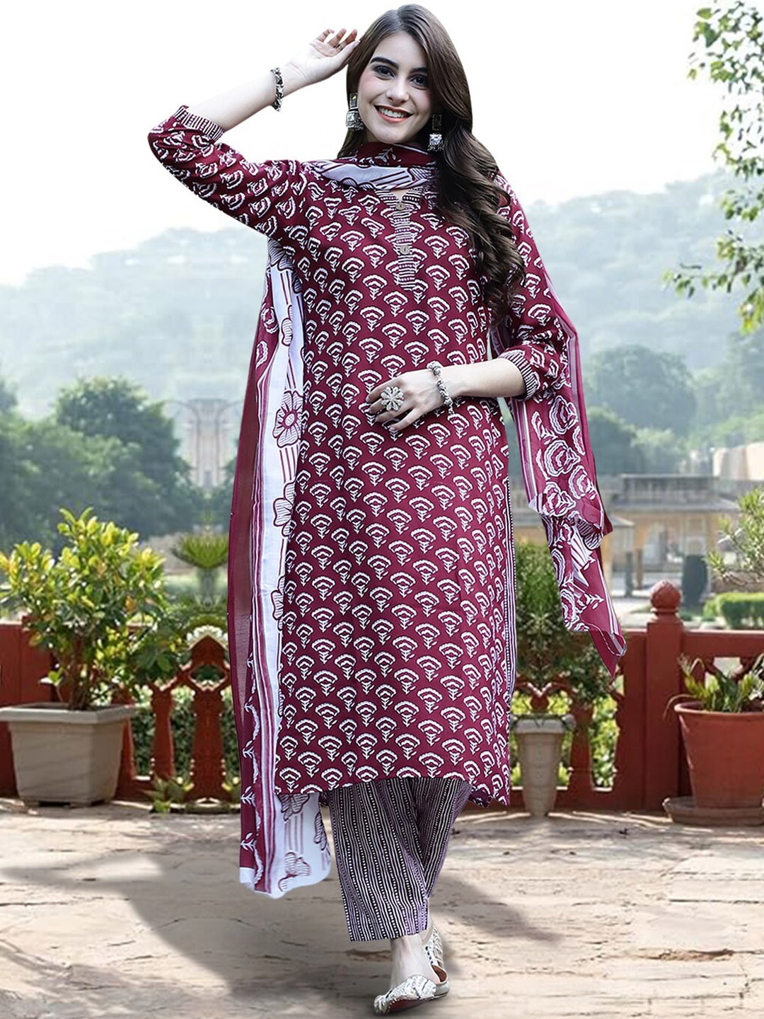 

7Threads Ethnic Motifs Printed Pure Cotton Kurta with Trousers & Dupatta, Purple