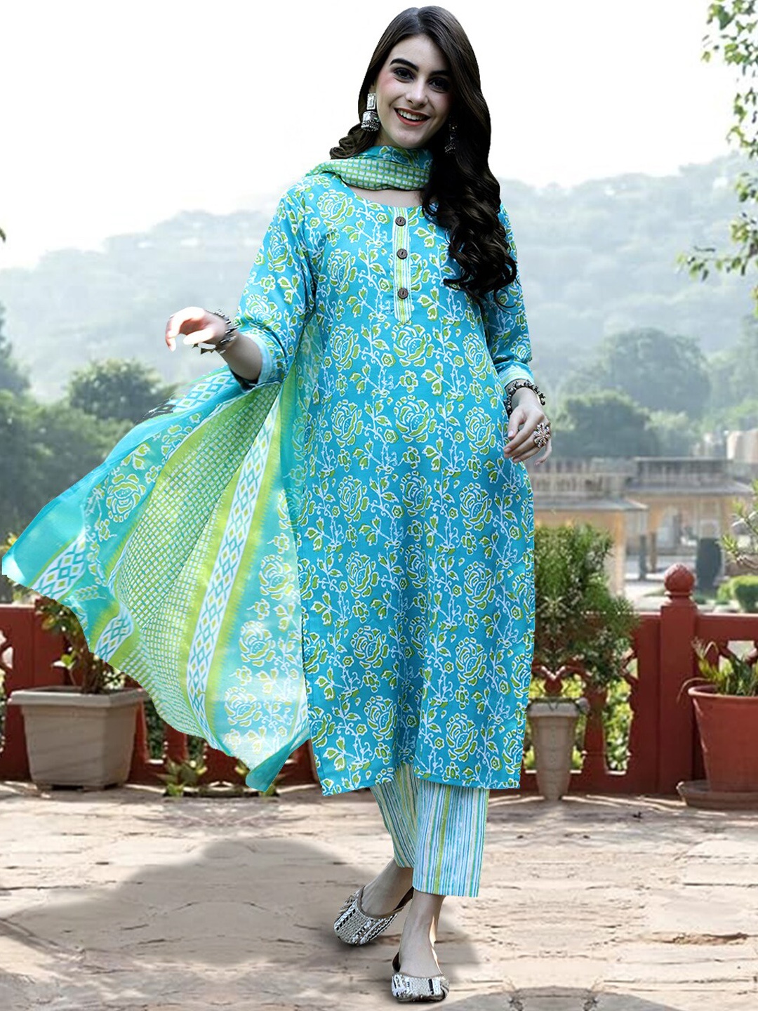 

7Threads Floral Printed Pure Cotton Kurta with Trousers & Dupatta, Turquoise blue