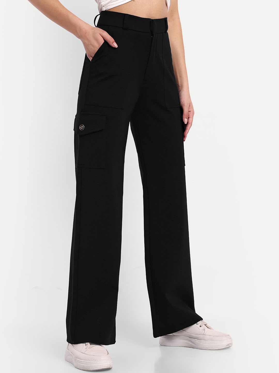 

BROADSTAR Women Smart Straight Fit High-Rise Easy Wash Stretchable Cargos, Black